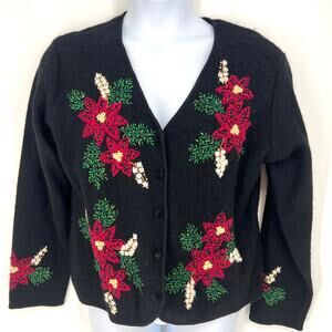 Coldwater Creek Floral Embroidered Wool Cardigan Sweater Size XL